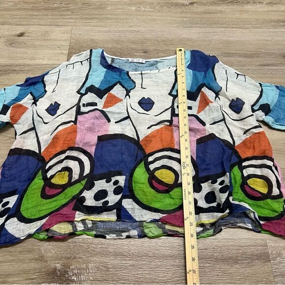 VTG Abstract Art Faces Women's Large Linen Blouse Boxy Tunic Top Multicolor - Picture 2 of 5